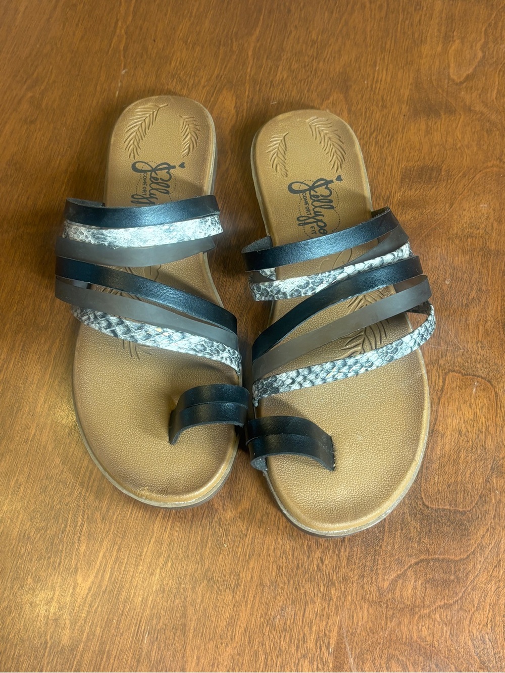 Jellypop Black, Tan & Snakeskin Pattern Multi-Strap Slide Sandals